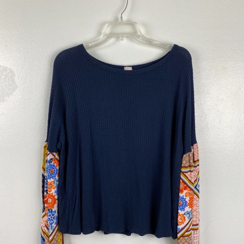 7th Roy Navy Blue Printed Boho Patchwork Knit Top… - image 3